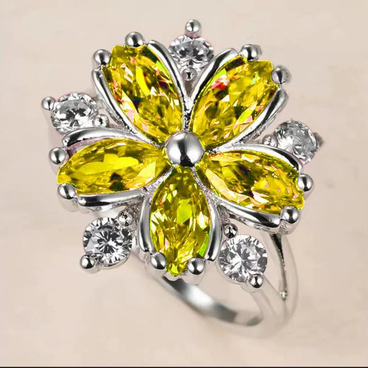 Luckacco Flower Collection ! Exquisite Colorful Cubic Zircon Flower Engagement Ring For Women Party Jewelry Hand Accessories Size 6-10