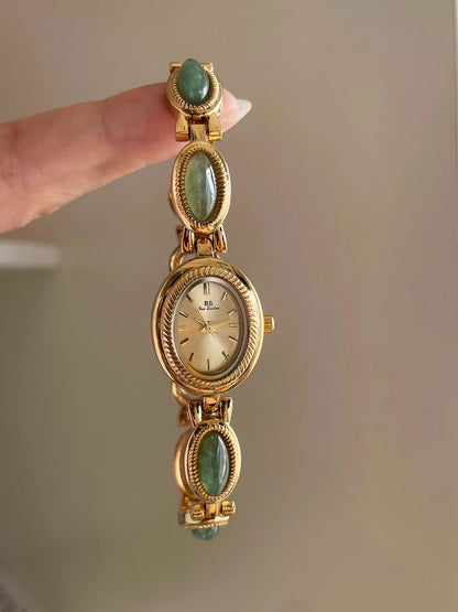 Luckacco Natural Jade Bracelet Watch Gift Women,Ladies Watches Luxury High Quality Gold Quartz Watches, Elegant Women's Wristwatches
