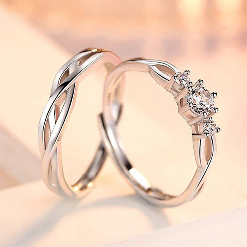 luckacco high-quality couple wedding ring for woman men 2pcs love heart zircon adjustable rings fashion stainless steel engaged jewelry