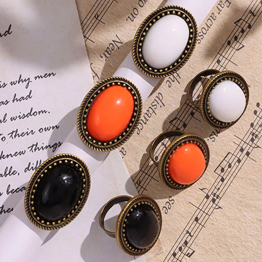 Luckacco Vintage Orange Color Black White Oval Resin Metal Rings for Women Girl Autumn Winter Elegant Jewelry Gift HUANZHI 2023 NEW