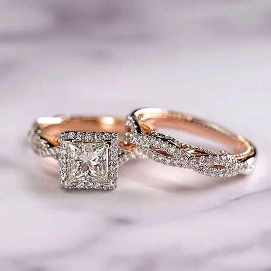 Luckacco 18K Rose Gold Princess Real Diamond Ring for Women Anillos Mujer Bizuteria Gemstone Femme Loves Jewelry Set Rose Gold Rings