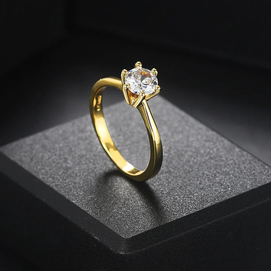 Luckacco Classic 1 Carat Crystal Wedding Ring For Women Zirconia Gold Color Engagement Anniversary Proposal Marriage Ring Jewelry R174
