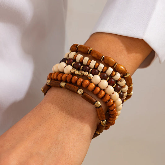Luckacco Salircon 6Pcs/Set Boho Vintage Geometric Wooden Beads Chain Bracelet Set for Women Men Retro Ethnic Elastic Bracelet Jewelry
