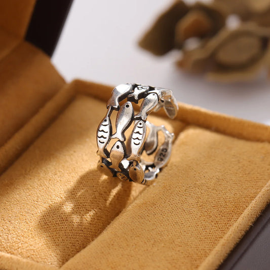 Luckacco 925 Sterling Silver Rings For Women Simple Minimalist  Retro Fish Open Finger Ring Fashion Band Female Bijoux Gift