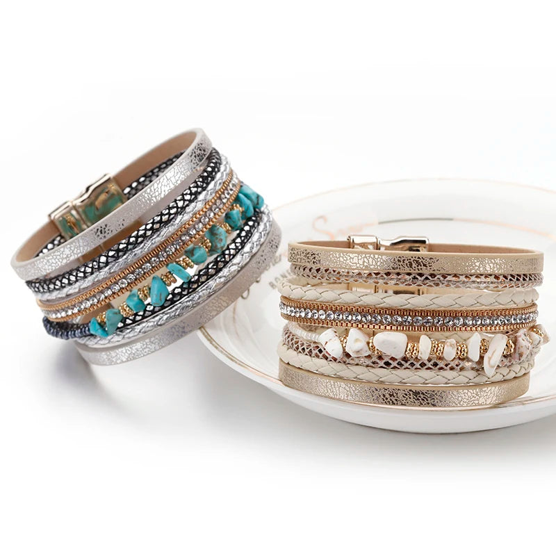 luckacco allyes natural stone leather bracelet for women charm retro multilayer crystal snake skin wide bracelets & bangles jewelry gifts