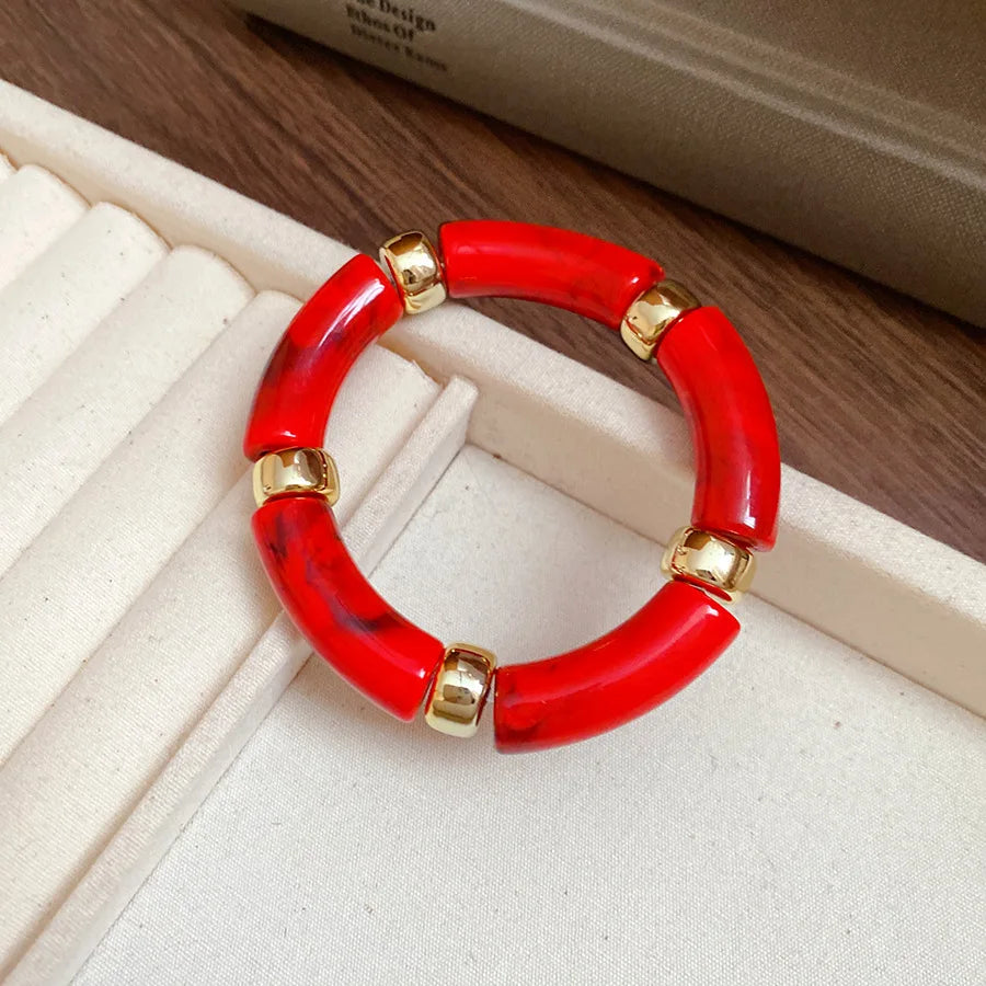 luckacco splicing bamboo tube acrylic smudging bangles for women men fashion geometric elastic bracelets bangles jewelry couple gifts f