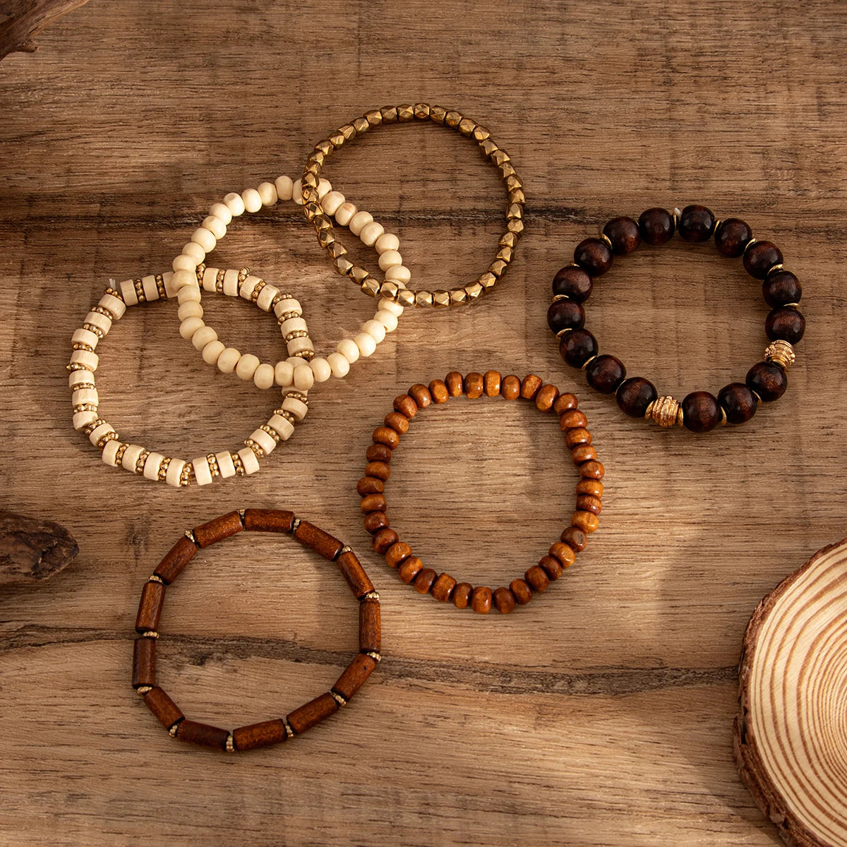 luckacco salircon 6pcs/set boho vintage geometric wooden beads chain bracelet set for women men retro ethnic elastic bracelet jewelry