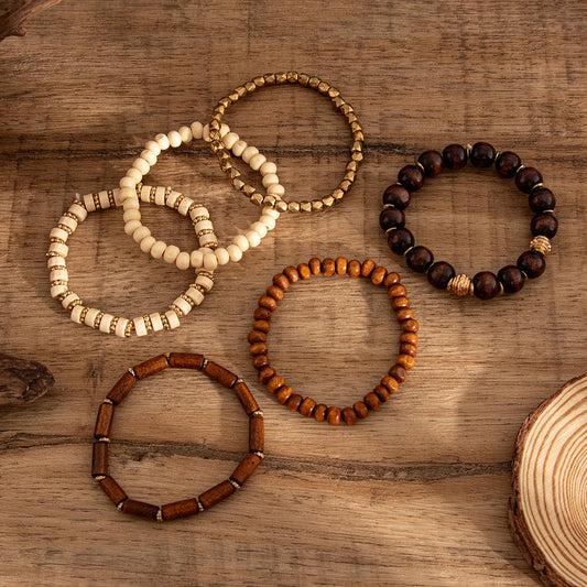 Luckacco Salircon 6Pcs/Set Boho Vintage Geometric Wooden Beads Chain Bracelet Set for Women Men Retro Ethnic Elastic Bracelet Jewelry
