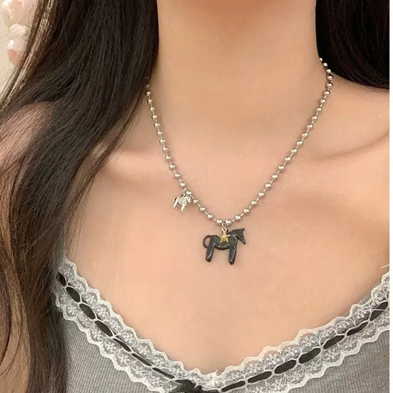 luckacco funny silver color copper beads horse pendant necklace black choker necklace pink white enamel pendant necklace for women