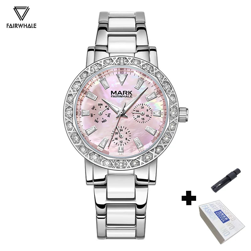 luckacco mark fairwhale dress pink diamond watch for women fashion ceramic chain quartz watch luxury brilliant beimu wristwatch ladies