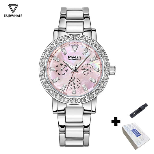 Luckacco Mark Fairwhale Dress Pink Diamond Watch For Women Fashion Ceramic Chain Quartz Watch Luxury Brilliant Beimu Wristwatch Ladies