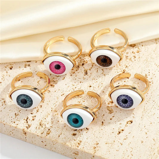 Luckacco 1Pcs Vintage Evil Eye Finger Ring For Women Gift Jewelry Colored Simple Turkish Blue Eye Adjustable Party Ring Accessories R381