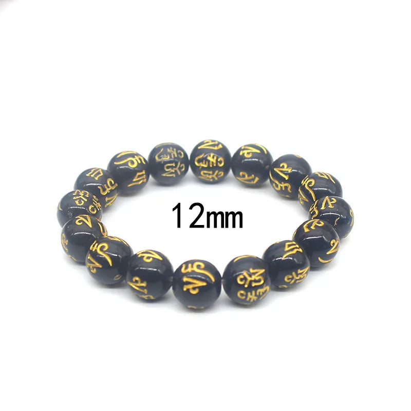 luckacco natural obsidian beads six character mantra bracelet lucky wealth bangle buddhist accessories meditation blessing amulet jewelry