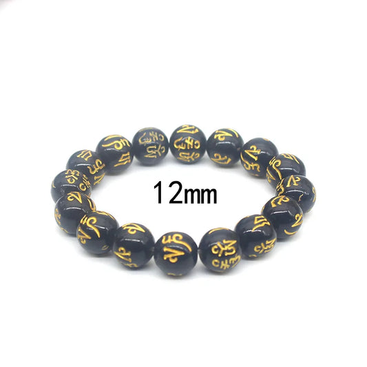 Luckacco Natural Obsidian Beads Six Character Mantra Bracelet Lucky Wealth Bangle Buddhist Accessories Meditation Blessing Amulet Jewelry
