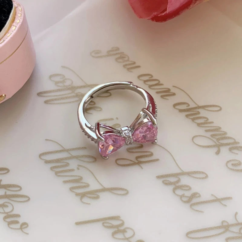 luckacco fashion romantic pink crystal bowknot rings sweet exquisite y2k opening finger ring girls birthday party jewelry accessories