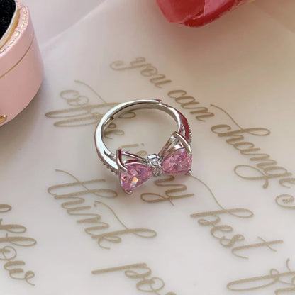 Luckacco Fashion Romantic Pink Crystal Bowknot Rings Sweet Exquisite Y2K Opening Finger Ring Girls Birthday Party Jewelry Accessories