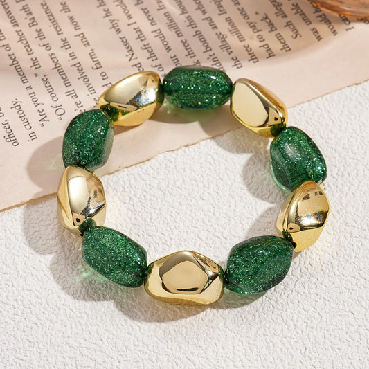 Luckacco 7 Styles Trendy Splicing Acrylic Round Beads Bracelets Bohemian Thick Irregular Resin Elastic Bangles Retro Jewelry for Women F