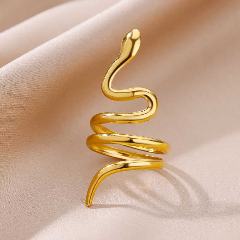 luckacco gold plated stainless steel green zircon snake rings for women men open adjustable finger ring vintage gothic aesthetic jewelry