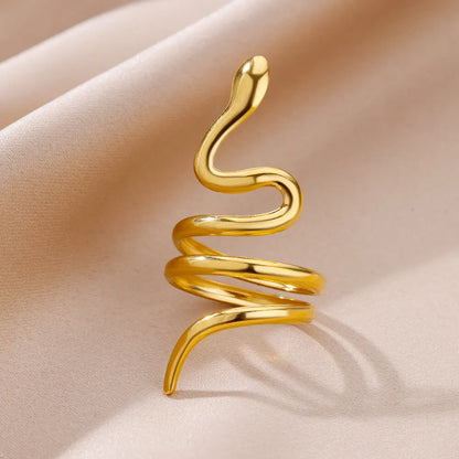 Luckacco Gold Plated Stainless Steel Green Zircon Snake Rings For Women Men Open Adjustable Finger Ring Vintage Gothic Aesthetic Jewelry