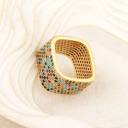 Luckacco Nidin New Trendy Square Shape Inlaid Crystal Zircon Rings For Women Men 5 Colors Choice Hip Hop Style Finger Jewelry Chic Gifts
