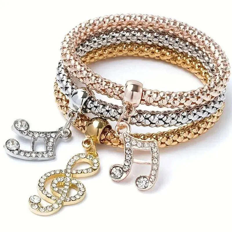 luckacco 3 pcs set heart lock key music sign charm bracelet owl rose gold plating silver color chain owm charm bangle jewelry set