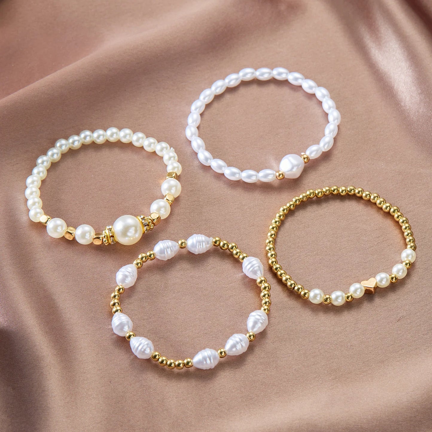 luckacco boho imitation pearl beaded metal beads bracelet for women vintage handmade woven adjustable chain bowknot heart jewelry gifts
