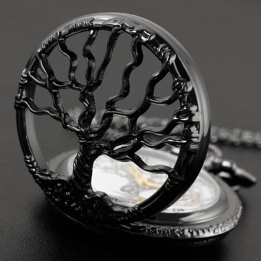 Luckacco Tree of Life Pattern Sketch Ink Painting Dial Pocket Watch All Black Vintage Necklace Chain Quartz fob Clock reloj