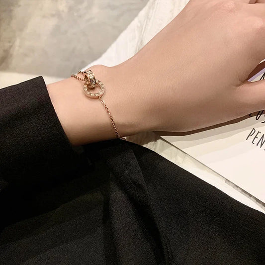 Luckacco Personality Roman Numeral Double Ring Cross Zircon Bracelet for Women Korea Fashion Gold Color Stainless Steel Bangle Jewelry