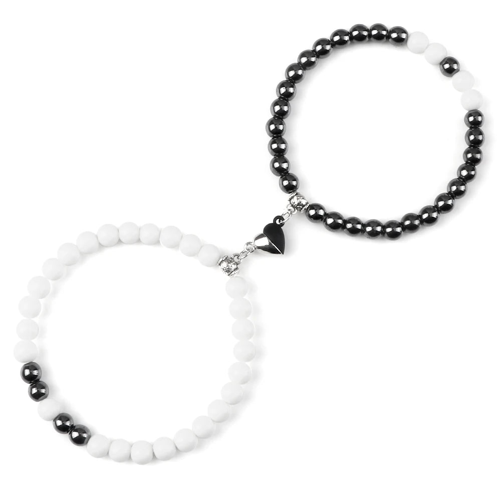 luckacco 2pcs/set sliver black color magnet pendant bracelets 6mm 8mm white porcelain black line beads couple bracelet jewelry gift new