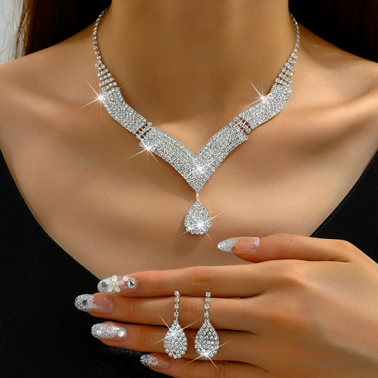 Luckacco 3pcs fashionable rhinestones, water droplets, necklaces, earrings, jewelry sets, women's wedding accessories
