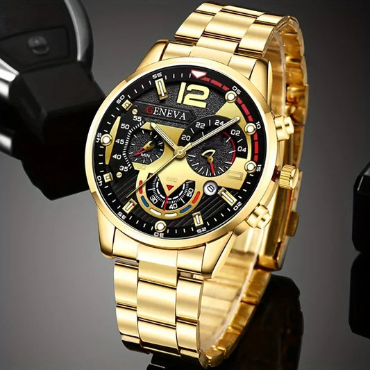 Luckacco 4Pcs/set Luxury Men Business Quartz Watch stainless steel Roman Calendar Wrist Watch Cross Necklace Bracelet Ring Set Men's Gift
