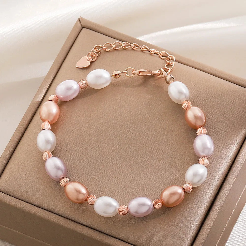 luckacco classic baroque ellipse gold color pearl beaded bracelet foe women charm trendy adjustable bride bangle jewelry accessory gift