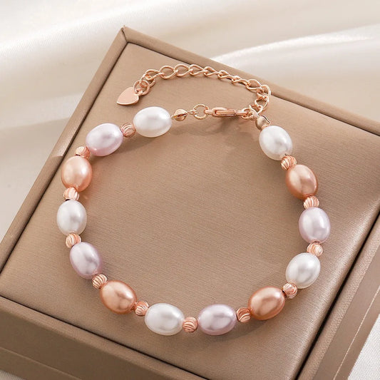 Luckacco Classic Baroque Ellipse Gold Color Pearl Beaded Bracelet Foe Women Charm Trendy Adjustable Bride Bangle Jewelry Accessory Gift