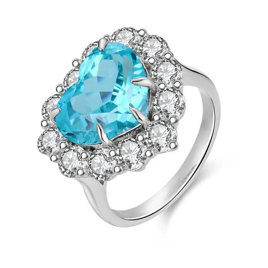 Luckacco Heart Shape 925 Silver Rings Lab Grown Paraiba Diamond Jewellery Gift for Her Wedding