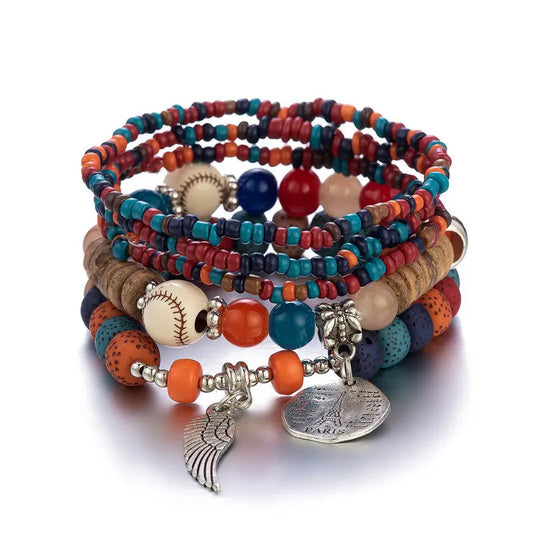 Luckacco 4 pieces/set Bohemian crystal tassel multi-layer elastic rope bracelet, handmade beaded bracelet, women's fashion accessories