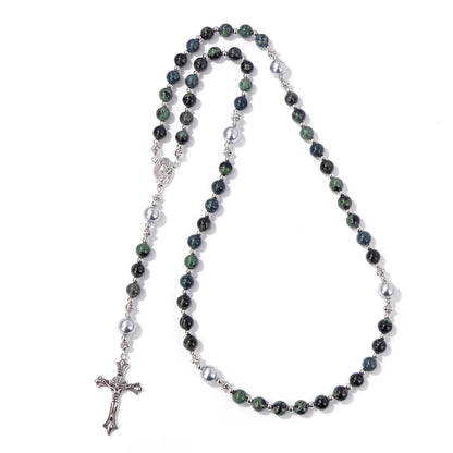 Luckacco Catholic Jesus Cross Bracelet Men Religious Prayer Rosary Bangle 50CM Natural African Turquoises Lava Gem Stone Bead Bracelet