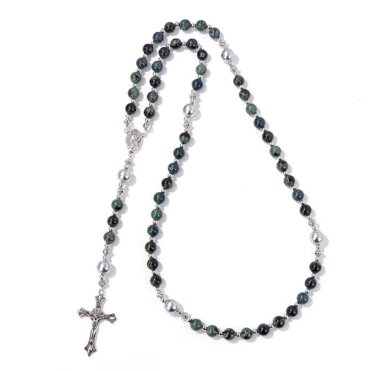 Luckacco Catholic Jesus Cross Bracelet Men Religious Prayer Rosary Bangle 50CM Natural African Turquoises Lava Gem Stone Bead Bracelet