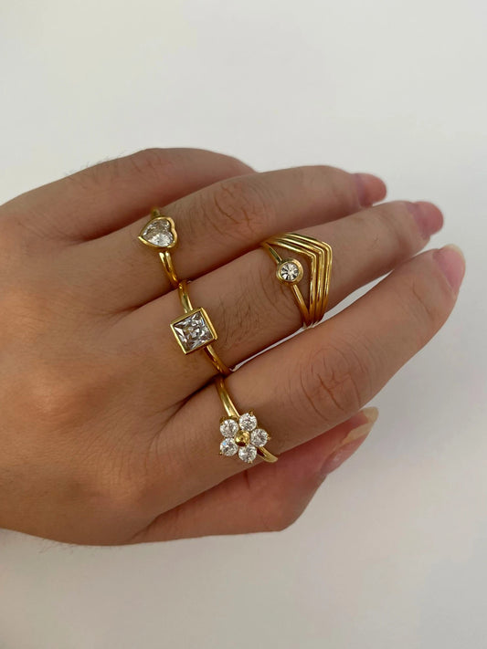 Luckacco Peri'sbox Anti-Tarnish White Rhinestone Square Heart Flower Open Rings Women Trendy Multi-layer V-Shaped Ring Wedding Party Gift