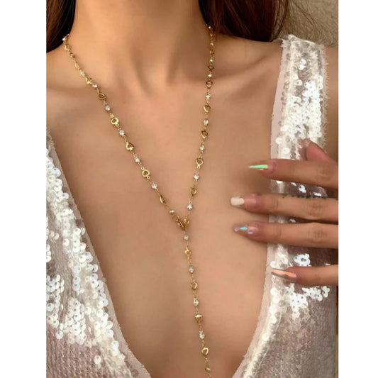 Luckacco Fashion Colorful Crystal Chain Necklace for Women Simple Silver Color Long Y-shaped Clavicle Chain Necklace Party Jewelry Gifts