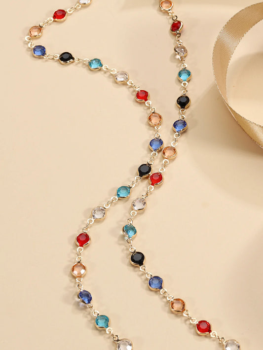 Luckacco Fashion Colorful Crystal Chain Necklace for Women Simple Silver Color Long Y-shaped Clavicle Chain Necklace Party Jewelry Gifts