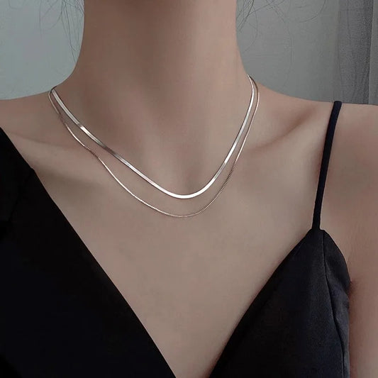 Luckacco 2023 S925 Silver Double Layer Box Chain Snake Clavicle Chain Necklace Female Fashion Hip-hop Retro Unique Design Fine Jewelry
