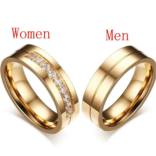Luckacco Fashion Women Men Couples AAA CZ Stainless Steel 18K Gold Plated Cubic Zirconia Wedding Band Ring 1pc