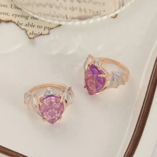 Luckacco New Arrivals Vintage Bat Finger Rings Y2k Inlaid Purple Water Drop Shape Stone Ring for Women Fashion Party Jewelry Gifts