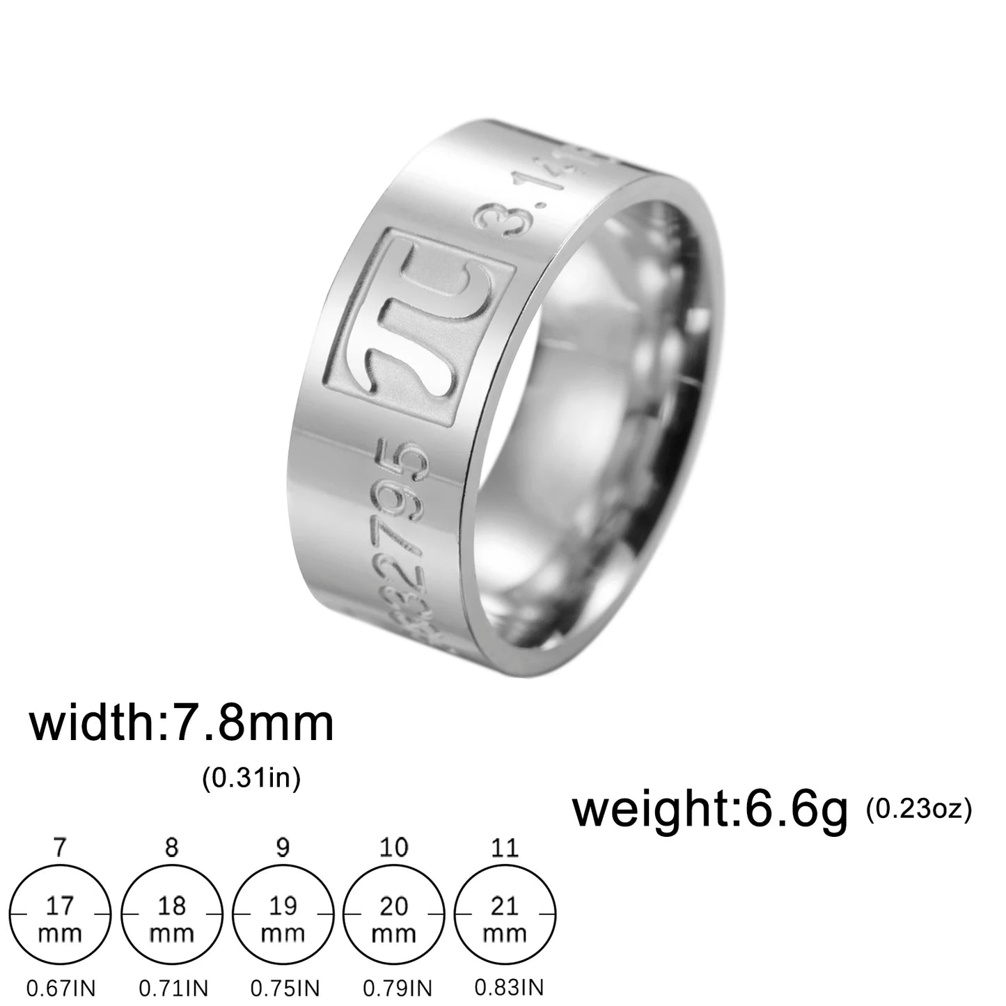 luckacco skyrim mathematics pi symbol ring 8mm wide men women 3.14159 greek letter π  stainless steel finger rings math lovers gift