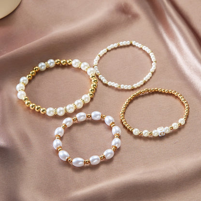 Luckacco Boho Imitation Pearl Beaded Metal Beads Bracelet for Women Vintage Handmade Woven Adjustable Chain Bowknot Heart Jewelry Gifts