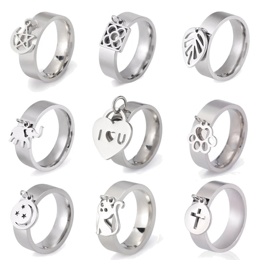 Luckacco Unift Women Stainless Steel Charms Rings Flower Leaf Spider Paw Pendant Finger Ring Fashion Minimalist Couple Jewelry