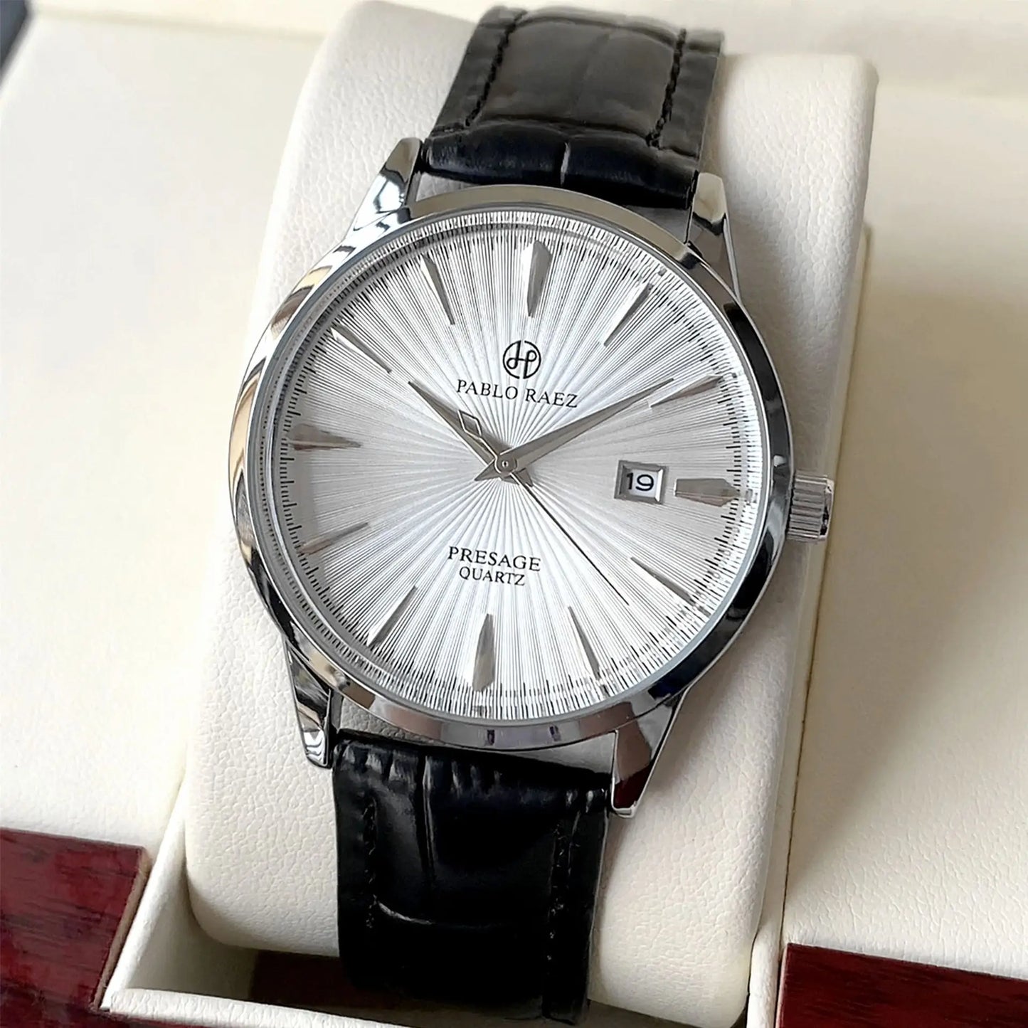 luckacco top brand men's watch simple business waterproof calendar leather strap male fashion quartz watches gift: box, spare battery