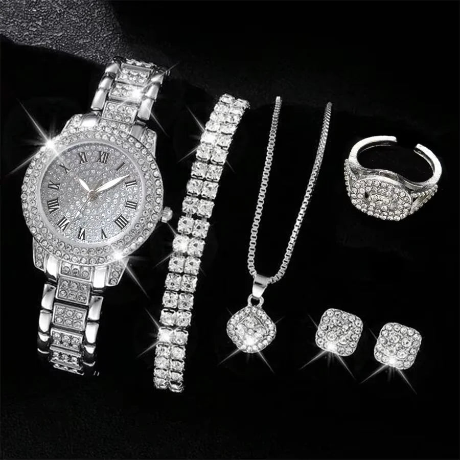 luckacco 6pcs/set silver women's watch business leisure element watch luxury dial quartz watch jewelry set gift for her
