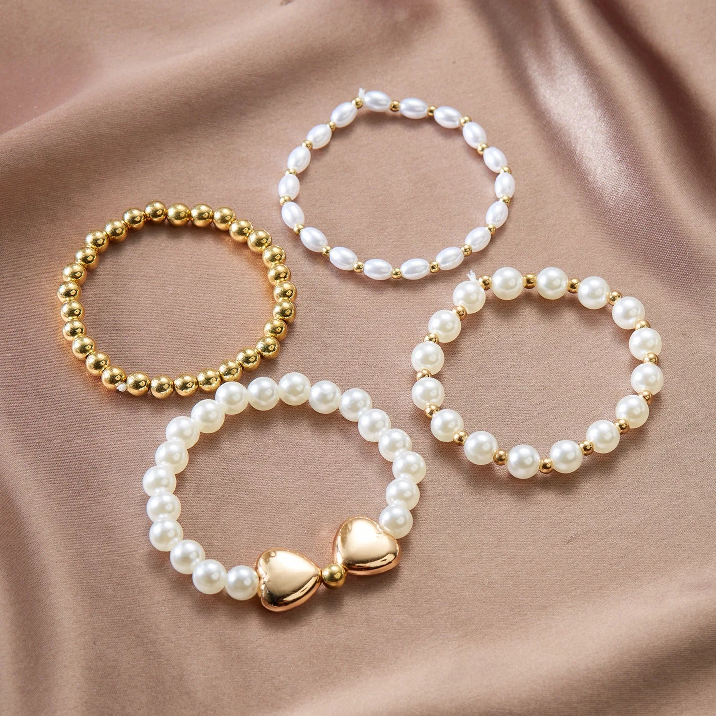 luckacco boho imitation pearl beaded metal beads bracelet for women vintage handmade woven adjustable chain bowknot heart jewelry gifts