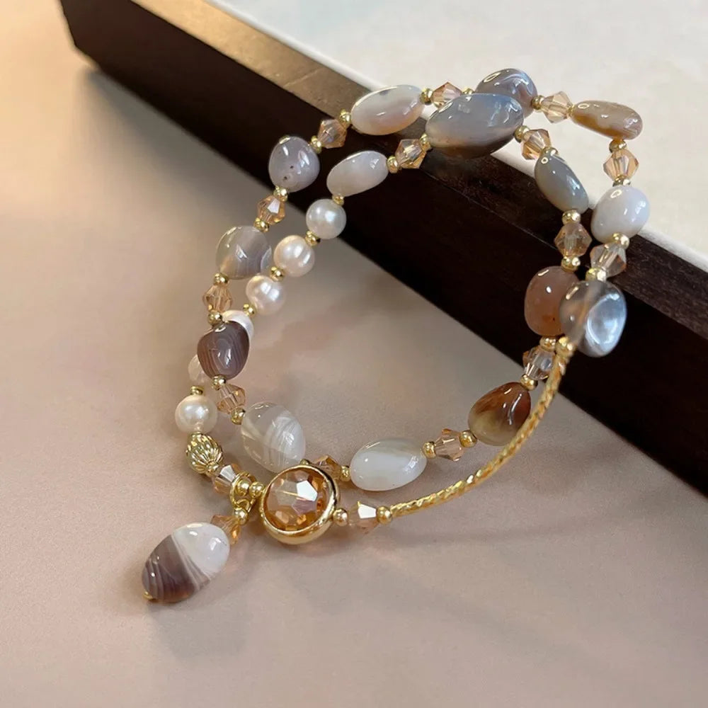 luckacco 2pcs set luxury natural stone pearl beaded bracelet for women bohemia charm crystal pendant holiday jewelry beach accessory gift